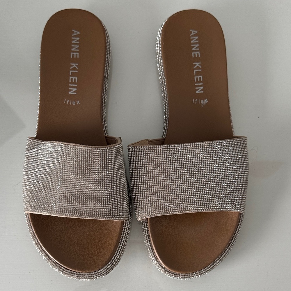 Anne Klein Sparkly Silver Slide Sandals Size 9